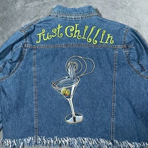 Denim Jeans Jacket Womens XL Cropped Embroidered Martini Alcohol Just Chillin - Picture 1 of 15