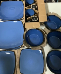 🍽️ Gibson SoHo Lounge 16 Piece Stoneware Dinnerware Set Black/blue 🆕 - Picture 1 of 4