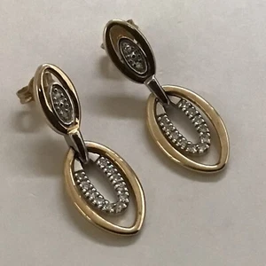 9ct Yellow Gold Dangle/Drop Earrings, Oval w Diamonds & Butterfly, 3 cm & 4.36 g - Picture 1 of 13