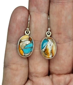 Oyster Turquoise Earrings, Oval Shaped, Sterling Silver, Orange Spiny Oyster - Picture 1 of 8