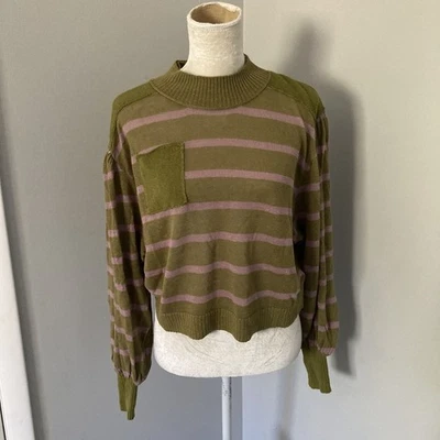 Free People Between The Lines Stripe Sweater Green Pink Crew neck linen size S - Image 1 of 4