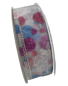 Wire Edged Sheer Ribbon with Multicolor Dots 50 yards 1.5 inches - Picture 1 of 2