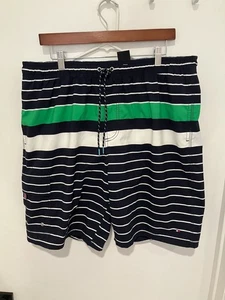 Tommy Hilfiger Men's Striped Swim Trunks, Navy/Green/White, XL - Picture 1 of 3