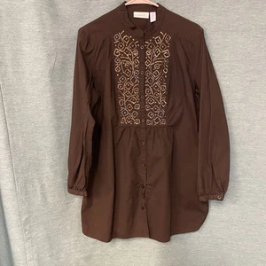 Tunica Chico's marrone con perline manica lunga taglia 2 camicia cotone elasticizzato boho ufficio - Foto 1 di 9