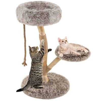 Solid Wood Cat Tower Modern Cat Scratching Tree w/Luxurious Perch Teasing Rope - Image 1 of 4
