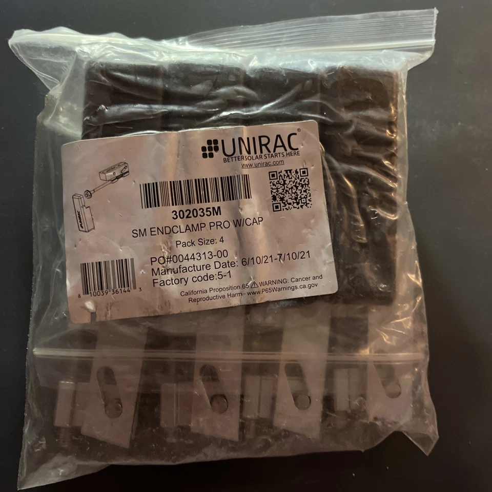 Unirac 302035M Pro Series Small End Clamp with End Cap - 9 packs of 4 pcs