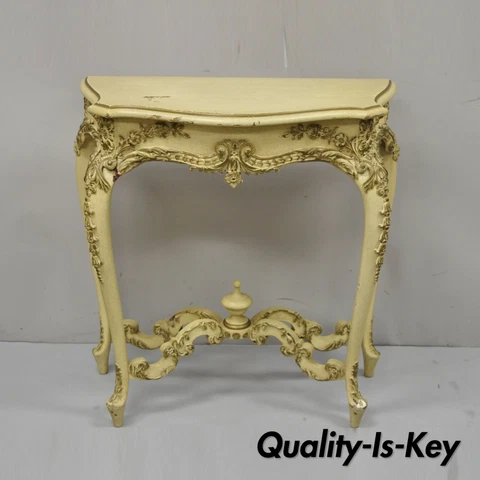 Vintage French Louis XV Style Cream Painted 32" Floral Carved Console Hall Table Cover
