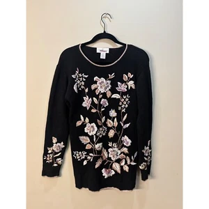 Vintage Worthington Floral Embroidered Knit Sweater Cottagecore Black Size M - Picture 1 of 8