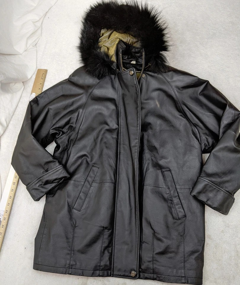 Chaqueta de cuero negra Seventh Avenue para mujer S Parka cremallera completa capucha de piel de zorro Foto 1 de 4