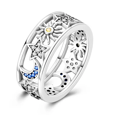 MULA European Hollow Sun Moon Finger Ring AAA CZ Fit Women Jewelry 925 Silver - Image 1 of 4