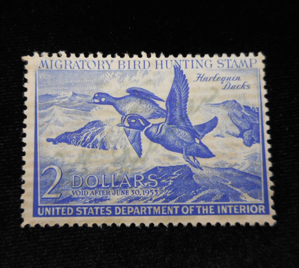 US Federal Duck Hunting Stamp 1952 1953 $2 Harlequin Blue Signed Migratory Bird - Image 1 of 4