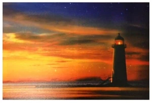 LED CANVAS PRINT STARRY NIGHT SKY TREE SUNSET LIGHTHOUSE SEAFRONT RED SKY DAWN - Picture 1 of 8