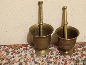 2 set Vintage Mortar & Pestle Solid Brass 5” & 4.3" Tall Heavy - Picture 1 of 5