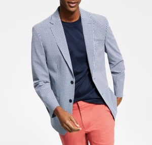 Tommy Hilfiger Herren 40S Modern Fit Stretch Seersucker Karo Blazer Navy / Weiß - Bild 1 von 20