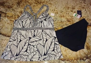SOUTH POINT Leaf Black White Tankini Top JAG L Bikini Swim Suit NEW Womens 14 L - Picture 1 of 7