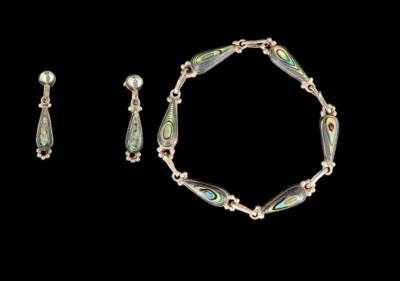 Argento D'Epoca taxco Messico Aliotide Collegamento Bracciale Orecchini Parure - Immagine 1 di 4