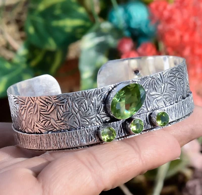 Peridot Cut Gemstone Bracelet 925 Sterling Silver Handmade Man's Party Wear Cuff - Image 1 of 4