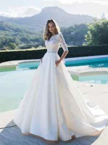 Half Sleeves A-Line Wedding Dresses Satin Bridal Gown Garden Custom Modest Beach - Picture 1 of 5