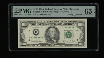 DBR 1990 $100 FRN Cleveland Gem Fr. 2173-D PMG 65 EPQ Serial D21066299A - Image 1 of 2
