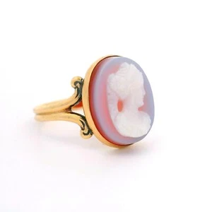 Antique 10k Yellow Gold Agate Carved Cameo High Relief Cocktail Ring - Picture 1 of 10