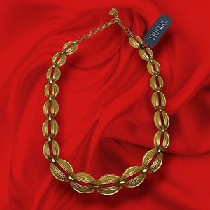 Vintage NWT Trifari Necklace Gold Tone Modernist Oval Brushed Link Mid Century - Picture 1 of 6