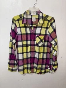 American Eagle Flannel Shirt Womens Medium Pink Yellow Plaid Vintage Boyfriend - Picture 1 of 6