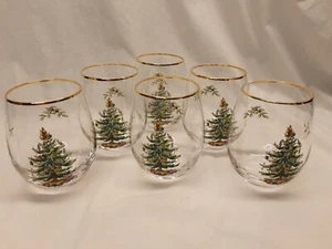 6 Spode Christmas Tree With Santa On Top, Stemless Wine Glasses - Picture 1 of 4