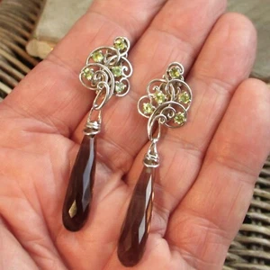 VINTAGE 925 STERLING SILVER PERIDOT & SMOKY QUARTZ BRIOLETTE DROP EARRINGS - Picture 1 of 18