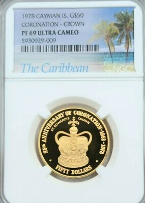 1978 CAYMAN ISLANDS GOLD 50 DOLLARS CORONATION CROWN NGC PF 69 ULTRA CAMEO TOP - Image 1 of 4
