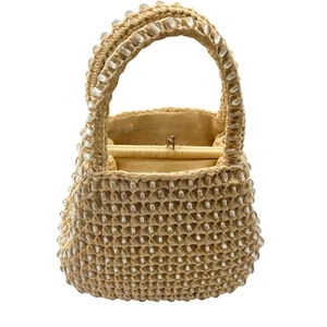 Seltene Vintage Perlen Web Handtasche Creme Beige Herbst 50er-70er Jahre?  - Bild 1 von 8