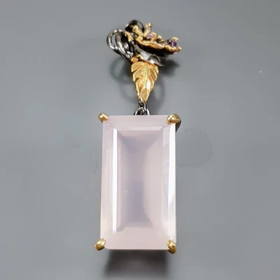 Colgante de cuarzo rosa natural hecho a mano 32 quilates + plata de ley 925/NP52312 Foto 1 de 4