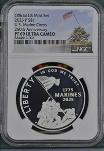 2025-P Marine Corps 250th Anniversary Silver $1 Dollar Proof Mint Set NGC PF69 - Picture 1 of 4