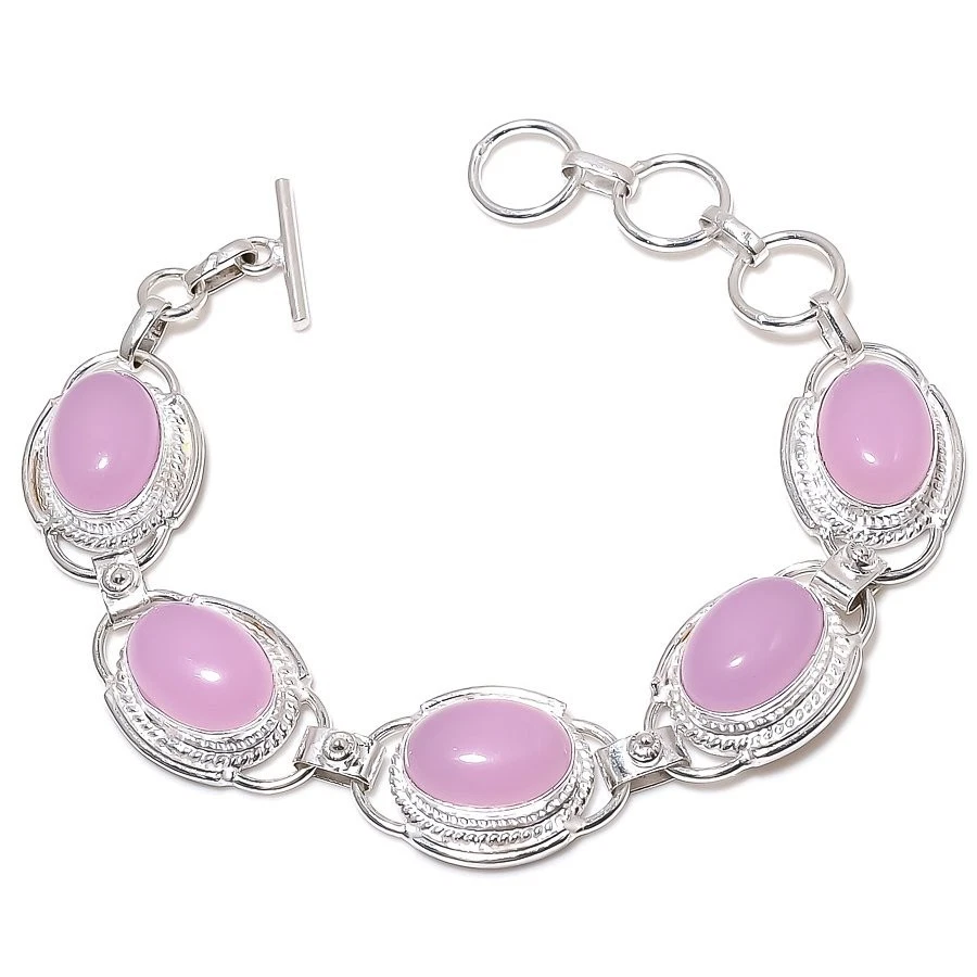 Brazalete de joyería de plata de ley 925 hecho a mano con piedras preciosas de cuarzo rosa tamaño 7-8" Foto 1 de 1