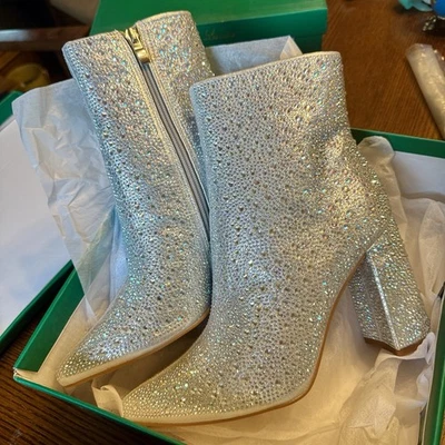 Lauren Lorraine Jam Silver Rhinestone Ankle Boots Taylor Swift size 7 Block Heel - Image 1 of 4