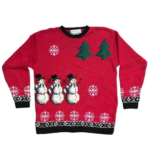 Marisa Christina Ugly Christmas Sweater Sz L/XL Snowman Tree Holiday Red Vtg - Picture 1 of 11