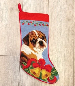 Bulldog Christmas Stocking Needlepoint 100% Wool Embroidery Velvet Back - Picture 1 of 12