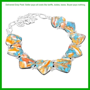 925 Sterling Silver Natural Spiny Oyster Copper Turquoise Bezel Chain Necklace - Picture 1 of 7