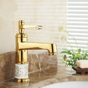 Gold Polished Brass Ceramic Single Hole Bathroom Sink Faucet Euro Art Mixer Taps - Picture 1 of 3