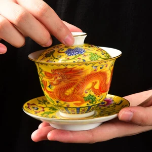 Chinese Tea Bowl Porcelain Gaiwan Dragon Print Under Glaze Cup Bowl Saucer New - Picture 1 of 6