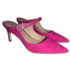 STUART WEITZMAN Women's Fuchsia Hot Pink Suede Heeled Mules Beaded Buckle 6.5 B - Picture 1 of 12