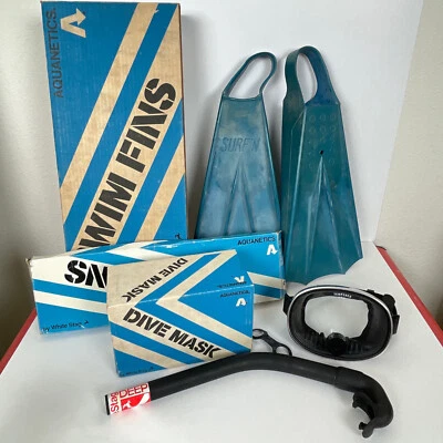 Vtg 60s ? Aquanetics SURF'N Swim Fins Goggles Mask Diving Snorkel Flippers Lot - Image 1 of 4