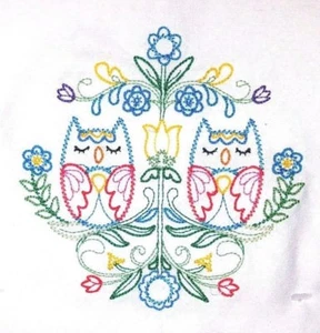 SWEDISH FOLK ART OWLS MACHINE EMBROIDERED FLOUR SACK DISH TOWEL - Imagen 1 de 2