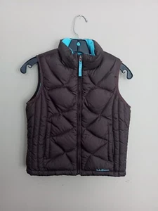 LL Bean Puffer Vest Quilted Girls Small 8 Dark Brown Blue Goose Down EC - Picture 1 of 11