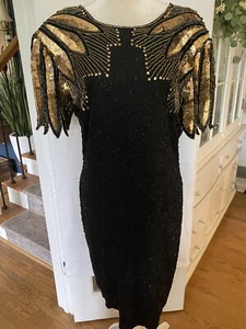Vtg 80s Stenay Sequin Beaded Gatsby Trophy Flapper Prom Dress Black Gold Sz 14 - Picture 1 of 21