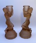 Art Deco Walther & Sohn Frosted Pink Glass Candlesticks x2 - Kneeling Maiden