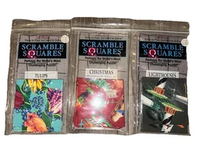 Lot of 3 Scramble Squares Puzzle Brain Teaser, lighthouses, Christmas, tulips 1G - Picture 1 of 8
