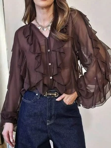 Ruffled Sheer Long Sleeve Blouse - Picture 1 of 52