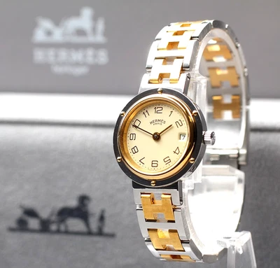 Juego Completo [Casi COMO NUEVO+] HERMES Clipper 24mm Marfil Oro Fecha Reloj de Cuarzo para Mujer Foto 1 de 4