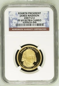 2007 S Proof James Madison Presidential Dollar NGC PF-69 w/Special Label - Picture 1 of 2