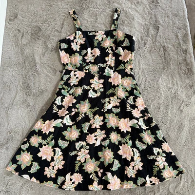 Vestido Who What Wear Talla L Negro Batik Floral Lino Jardín Cottagecore Foto 1 de 4